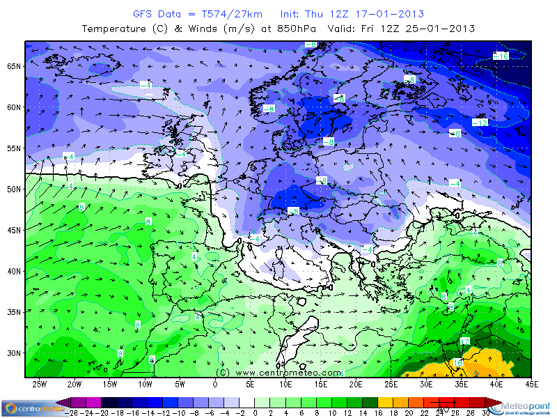 Temperatura e venti alla quota geopotenziale di 850hPa prevista per il 25 Gennaio